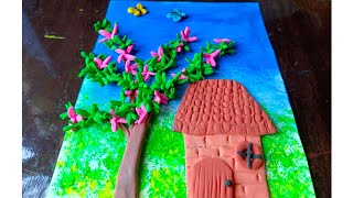 DIY Clay House 🏡amp Tree ll Easy clay canvas ll Beautiful clay painting ll [upl. by Eenel]