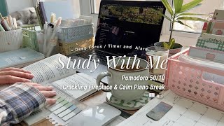 4HR STUDY WITH ME pomodoro 5010 fireplace crackling amp calm piano break  countdown amp alarm [upl. by Odlareg]