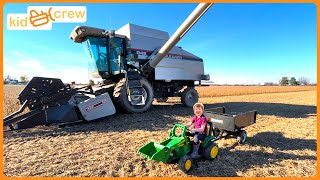 Harvesting crops with kids power wheel tractor amp real combine harvester farm Educational  Kid Crew [upl. by Dionisio]