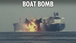 Moment explosiveladen drone boat targets British tanker in huge blast in Red Sea [upl. by Diva]