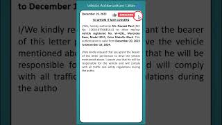 Vehicle Authorisation Letter vehicleauthorisationletter [upl. by Kerrison]