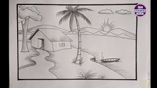 Village landscape drawing with pencil for beginners  easy village scenery drawing [upl. by Notyal]