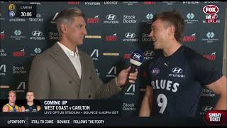 Patrick Cripps  Pre Game Interview before Blues  Eagles  AFL Round 23 2024 33 [upl. by Llehcsreh]