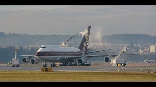 Boeing 747SP deicing taxi and take off at ZRH beautiful sound [upl. by Lonier]