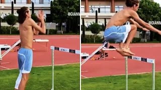 Atletica show di Gianmarco Tamberi i balzi a piedi nudi fra gli ostacoli sono impressionanti [upl. by Rama]