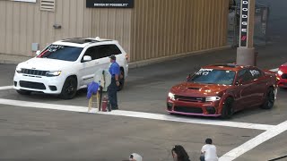 Widebody Hellcat Charger vs Jeep Trackhawk  drag race [upl. by Yrekaz]