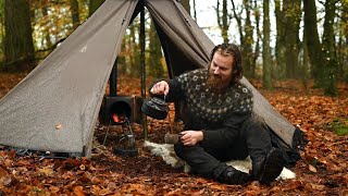 Bushcraft trip  rainy day in a hot tent next to large lake making firewood and cooking a meal etc [upl. by Marnie280]