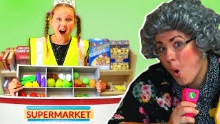 Ruby Pretend Play Shopping for Greedy Granny in Grocery Store Super Market Toys [upl. by Inoliel308]