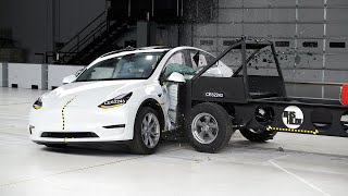 2022 Tesla Model Y updated side IIHS crash test [upl. by Attolrac]