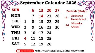 September Calendar 2026  September 2026 Festivals likely some optional and general holidays [upl. by Kim]