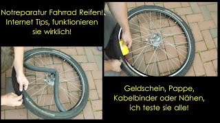 Fahrrad Reifen reparieren flicken Notreparatur Nähen Unterlegen Kabelbinder [upl. by Marvel]