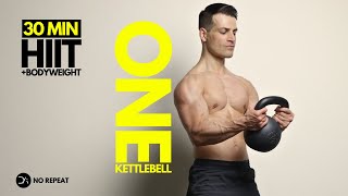 30 min Single Kettlebell HIIT Workout   Bodyweight  No Jump  No Repeat  Intense [upl. by Arst96]