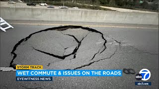 Large sinkhole closes 405 Freeway offramp in Sepulveda Pass for up to a month [upl. by Eeral787]