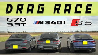 2022 BMW M340i Stock Takes On Tuned Genesis G70 33t And Tuned Audi S5 SportbackDrag and Roll Race [upl. by Lledyr]