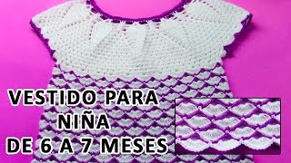 Vestido tejido a crochet para niña de 6 a 7 meses en punto piñas y abanicos paso a paso [upl. by Aronid]