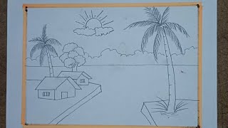 Village drawing with pencil for beginners  kids scenery drawing with pencil step by step [upl. by Zined]