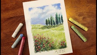 Oil Pastel Painting 油画棒  Hillside Meadow [upl. by Watson]