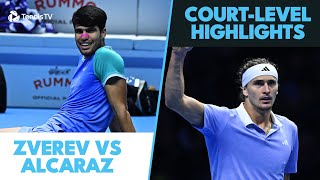 Alexander Zverev vs Carlos Alcaraz CourtLevel Highlights  Nitto ATP Finals 2024 [upl. by Anirdnajela597]