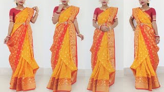 atpoure saree porar style  banarasi silk saree for wedding  reception look for bride in saree [upl. by Mashe]