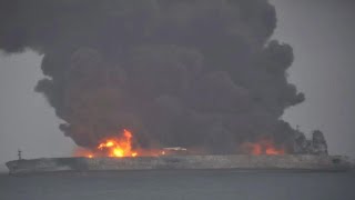 Oil tanker ablaze following collision with ship off coast of China [upl. by Atikihs180]